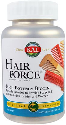 KAL, Hair Force, High Potency Biotin, 60 Veggie Caps ,الفيتامينات، فيتامين ب
