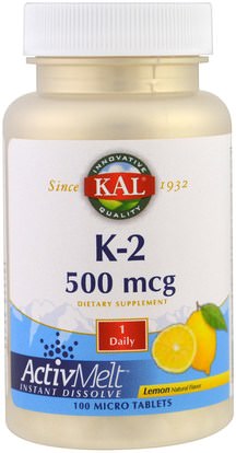 KAL, K-2, Lemon, 500 mcg, 100 Micro Tablets ,الفيتامينات، فيتامين k
