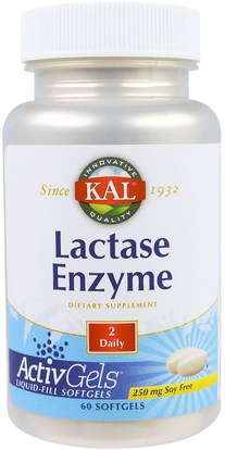 KAL, Lactase Enzyme, 250 mg, 60 Softgels ,المكملات الغذائية، الإنزيمات، اللاكتاز