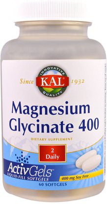KAL, Magnesium Glycinate 400, Soy Free, 400 mg, 60 Softgels ,المكملات الغذائية، المعادن، غليسينات المغنيسيوم