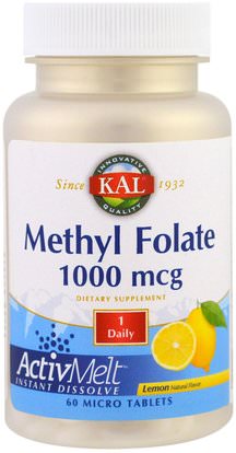 KAL, Methyl Folate, Lemon, 1000 mcg, 60 Micro Tablets ,الفيتامينات، حمض الفوليك، 5-مثف حمض الفوليك (5 الميثيل رباعي هيدرولوفولات)
