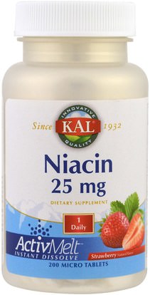 KAL, Niacin, Strawberry, 25 mg, 200 Micro Tablets ,الفيتامينات، فيتامين ب