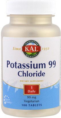 KAL, Potassium 99 Chloride, 99 mg, 100 Tablets ,المكملات الغذائية، المعادن، كلوريد البوتاسيوم