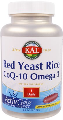 KAL, Red Yeast Rice CoQ-10 Omega 3, 60 Softgels ,المكملات الغذائية، أنزيم q10، coq10 + زيت السمك، الصحة، دعم الكوليسترول، الأرز الأحمر الخميرة + أنزيم q10