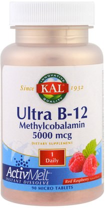 KAL, Ultra B-12 Methylcobalamin, Red Raspberry, 5000 mcg, 90 Micro Tablets ,الفيتامينات، فيتامين ب، فيتامين ب 12