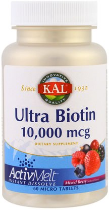 KAL, Ultra Biotin, ActivMelt, Mixed Berry, 10,000 mcg, 60 Micro Tablets ,الفيتامينات، فيتامين ب