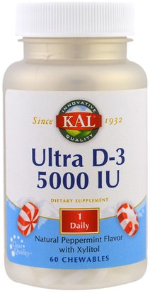 KAL, Ultra D-3, Natural Peppermint Flavor with Xylitol, 5000 IU, 60 Chewables ,الفيتامينات، فيتامين d3