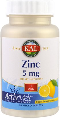 KAL, Zinc, Sweet Lemon, 5 mg, 60 Micro Tablets ,المكملات الغذائية، المعادن، الزنك