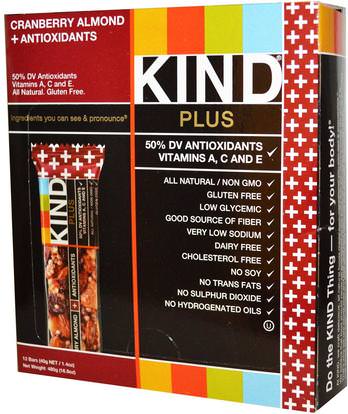 KIND Bars, Kind Plus, Cranberry Almond + Antioxidants Bars, 12 Bars, 1.4 oz (40 g) Each ,المكملات الغذائية، الحانات الغذائية