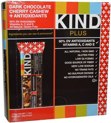 KIND Bars, Kind Plus, Dark Chocolate Cherry Cashew + Antioxidants, 12 Bars, 1.4 oz (40 g) Each ,المكملات الغذائية، الحانات الغذائية