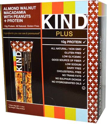 KIND Bars, Kind Plus, Fruit & Nut Bars, Almond, Walnut, Macadamia with Peanuts + Protein, 12 Bars, 1.4 oz (40 g) Each ,الطعام، الوجبات الخفيفة، بروتين أشرطة