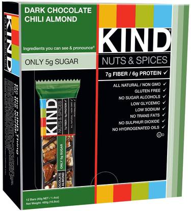 KIND Bars, Nuts & Spices, Dark Chocolate Chili Almond, 12 Bars, 1.4 oz (40 g) Each ,المكملات الغذائية، الحانات الغذائية