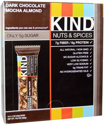 KIND Bars, Nuts & Spices, Dark Chocolate Mocha Almond, 12 Bars, 1.4 oz (40 g) Each ,المكملات الغذائية، الحانات الغذائية