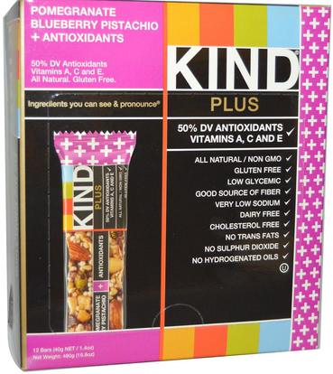 KIND Bars, Plus Bars, Pomegranate Blueberry Pistachio + Antioxidants, 12 Bars, 1.4 oz (40 g) Each ,المكملات الغذائية، الحانات الغذائية