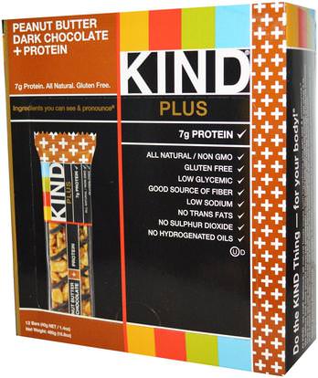 KIND Bars, Plus, Fruit & Nut Bars, Peanut Butter Dark Chocolate + Protein, 12 Bars, 1.4 oz (40 g) Each ,الطعام، الوجبات الخفيفة، الوجبات الصحية الصحية، المكملات الغذائية، الحانات الغذائية