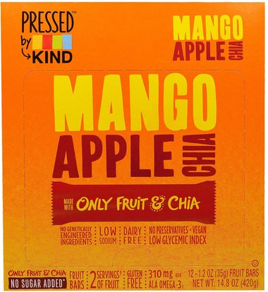 KIND Bars, Pressed by KIND, Mango, Apple & Chia, 12 Fruit Bars - 1.2 oz (35 g) ,الطعام، الوجبات الخفيفة، وجبات خفيفة صحية