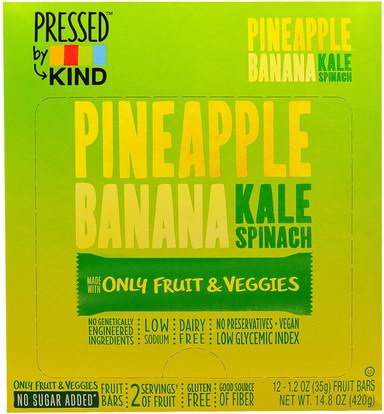 KIND Bars, Pressed by KIND, Pineapple, Banana, Kale & Spinach, 12 Fruit Bars - 1.2 oz (35 g) Each ,الطعام، الوجبات الخفيفة، وجبات خفيفة صحية
