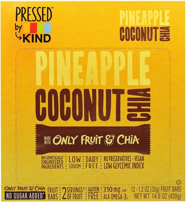 KIND Bars, Pressed by KIND, Pineapple, Coconut & Chia, 12 Fruit Bars - 1.2 oz (35 g) Each ,الطعام، الوجبات الخفيفة، وجبات خفيفة صحية
