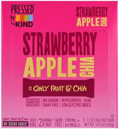 KIND Bars, Pressed by KIND, Strawberry Apple Chia, 12 Fruit Bars, 1.2 oz (35 g) Each ,الطعام، الوجبات الخفيفة، وجبات خفيفة صحية