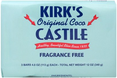 Kirks, Original Coco Castile Bar Soap, Fragrance Free, 3 Bars, 4.0 oz (113 g) Each ,حمام، الجمال، الصابون، الصابون القشتالي