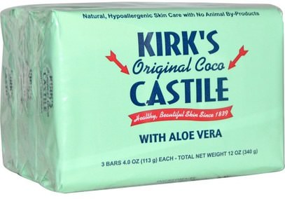 Kirks, Original Coco Castile Bar Soap, with Aloe Vera, 3 Bars, 4 oz (113 g) Each ,حمام، الجمال، الصابون