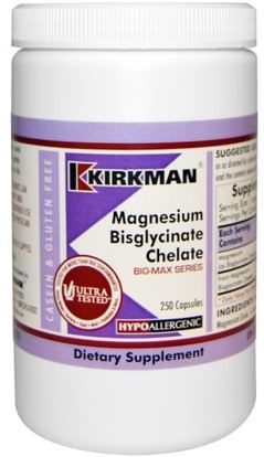 Kirkman Labs, Magnesium Bisglycinate Chelate, Bio-Max Series, 250 Capsules ,المكملات الغذائية، المعادن، غليسينات المغنيسيوم