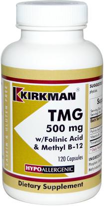 Kirkman Labs, TMG, With Folinic Acid & Methyl B-12, 500 mg, 120 Capsules ,الفيتامينات، فيتامين ب، حمض الفولينيك، والمكملات الغذائية، تمغ (البيتين اللامائي)