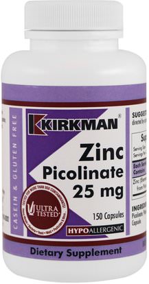 Kirkman Labs, Zinc Picolinate, 25 mg, 150 Capsules ,المكملات الغذائية، المعادن، الزنك