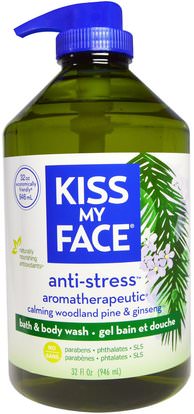 Kiss My Face, Anti-Stress, Bath & Body Wash, Calming Woodland Pine & Ginseng, 32 fl oz (946 ml) ,حمام، الجمال، هلام الاستحمام، العناية بالجسم