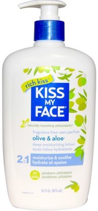 Kiss My Face, Rich Kiss, 2 In 1 Deep Moisturizing Lotion, Olive & Aloe, Fragrance Free, 16 fl oz (473 ml) ,حمام، الجمال، غسول الجسم، بدن، هم