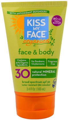 Kiss My Face, Organics, Face & Body Mineral Sunscreen, SPF 30, 3.4 fl oz (100 ml) ,حمام، الجمال، واقية من الشمس، سف 30-45