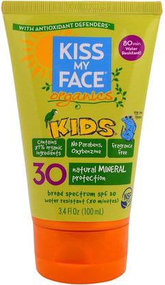 Kiss My Face, Organics, Kids, Face & Body Mineral Sunscreen, SPF 30, 3.4 fl oz (100 ml) ,حمام، الجمال، واقية من الشمس، سف 30-45، والأطفال والطفل واقية من الشمس