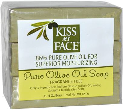 Kiss My Face, Pure Olive Oil Soap, Fragrance Free, 3 Bars, 4 oz Each ,حمام، الجمال، الصابون