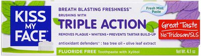 Kiss My Face, Triple Action Toothpaste, Fluoride Free, Fresh Mint Paste, 4.1 oz ,حمام، الجمال، معجون الأسنان، العناية بالأسنان عن طريق الفم، تبييض الأسنان