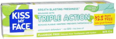 Kiss My Face, Triple Action Toothpaste, Flouride Free, Cool Mint Gel, 4.5 oz (127.6 g) ,حمام، الجمال، معجون الأسنان، العناية بالأسنان عن طريق الفم، تبييض الأسنان