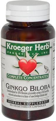 Kroeger Herb Co, Complete Concentrates, Ginkgo Biloba, 90 Veggie Caps ,الصحة، اضطراب نقص الانتباه، إضافة، أدهد، الدماغ، الذاكرة، الأعشاب، الجنكة بيلوبا