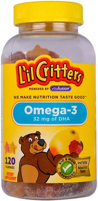 Lil Critters, Omega-3, Natural Raspberry and Lemonade Flavors, 120 Gummies ,المكملات الغذائية، إيفا أوميجا 3 6 9 (إيبا دا)، دا، إيبا، منتجات حساسة للحرارة