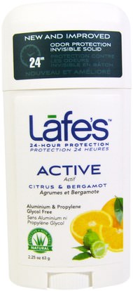 Lafes Natural Body Care, Active, Odor Protection Invisible Solid, Citrus & Bergamot, 2.25 oz (63 g) ,حمام، الجمال، مزيل العرق