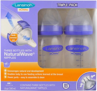Lansinoh, Natural Wave Nipple Bottles, Medium Flow, 3 Bottles, 8 oz (240 ml) Each ,صحة الطفل، تغذية الطفل