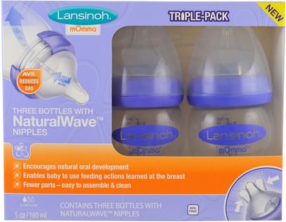 Lansinoh, Natural Wave Nipple Bottles, Slow Flow, 3 Bottles, 5 oz (160 ml) Each ,صحة الطفل، تغذية الطفل