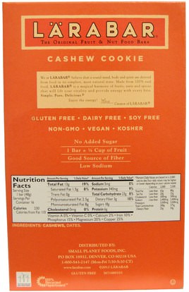 لارابار، الطعام، وجبات خفيفة صحية Larabar, Cashew Cookie, 16 Bars, 1.7 oz (48 g) Each