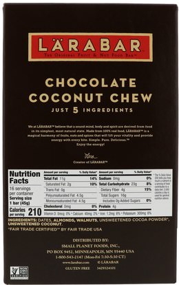 لارابار، الطعام، وجبات خفيفة صحية Larabar, Chocolate Coconut Chew, 16 Bars, 1.6 oz (45 g) Each