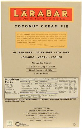 لارابار، الطعام، وجبات خفيفة صحية Larabar, Coconut Cream Pie, 16 Bars, 1.7 oz (48 g) Each