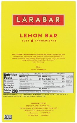 لارابار، الطعام، وجبات خفيفة صحية Larabar, Lemon Bar, 16 Bars, 1.6 oz (45 g) Each