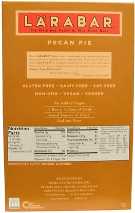لارابار، الطعام، وجبات خفيفة صحية Larabar, Pecan Pie, 16 Bars, 1.6 oz (45 g) Each