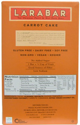 لارابار، الطعام، الوجبات الصحية الصحية، الحانات الغذائية Larabar, Carrot Cake, 16 Bars, 1.6 oz (45 g) Per Bar