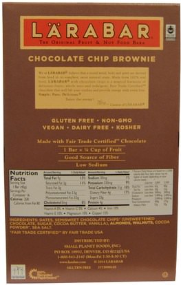 لارابار، الطعام، الوجبات الصحية الصحية، الحانات الغذائية Larabar, Chocolate Chip Brownie, 16 Bars, 1.6 oz (45 g) Each