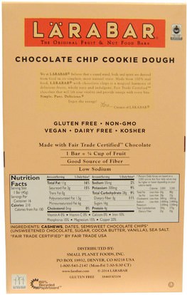 لارابار، الطعام، الوجبات الصحية الصحية، الحانات الغذائية Larabar, Chocolate Chip Cookie Dough, 16 Bars, 1.6 oz (45 g) Each