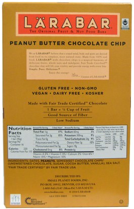 لارابار، الطعام، الوجبات الصحية الصحية، الحانات الغذائية Larabar, Peanut Butter Chocolate Chip, 16 Bars, 1.6 oz (45 g) Per Bar