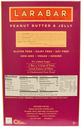 لارابار، الطعام، الوجبات الصحية الصحية، الحانات الغذائية Larabar, Peanut Butter & Jelly, 16 Bars, 1.7 oz (48 g) Each
